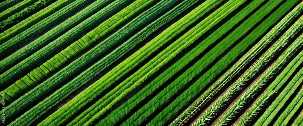 Aufkleber Aerial View of Lush Green Agricultural Fields with Diagonal Lines of Different Crops and Textures