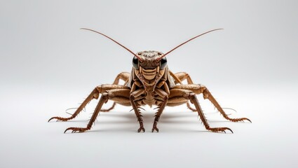Fototapeta premium Close-up of a field cricket showcasing intricate details and features against a plain white background in a striking isolated composition