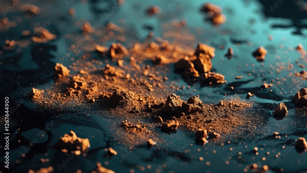 Poster dust particles on glossy black surface creating an abstract texture with rich colors and intricate d