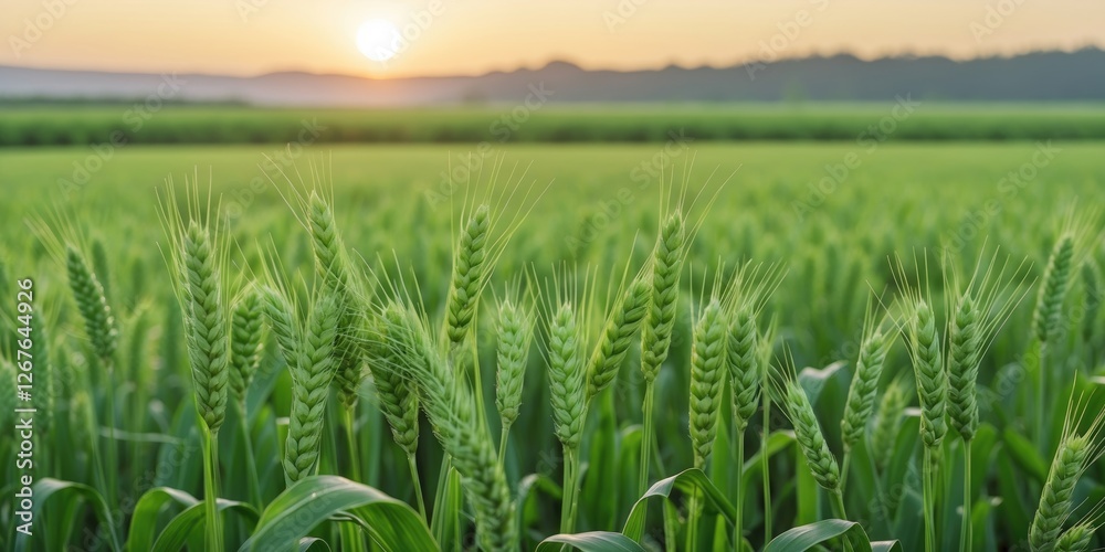 Aufkleber Sunlit Green Wheat Field at Sunrise with Clear Sky and Ample Space for Text Overlay