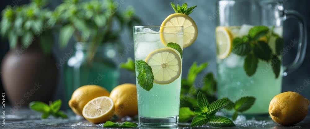 Poster Refreshing Lemonade with Mint Garnish and Sliced Lemons on a Rustic Tabletop Surrounded by Fresh Ingredients and Natural Decor