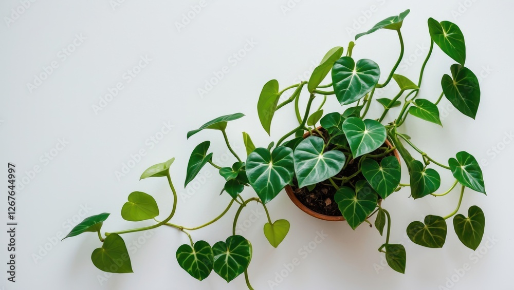 Fototapete Heart-shaped leaves of golden pothos vine in a terracotta pot on a white background with ample copy space for text and design elements.