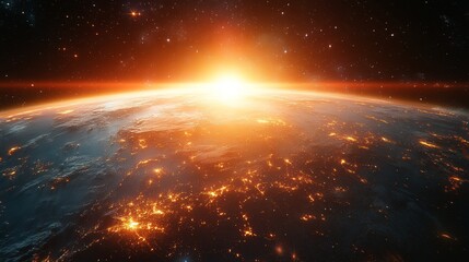 Sunrise over Earth, showing city lights and planet's curvature from space.