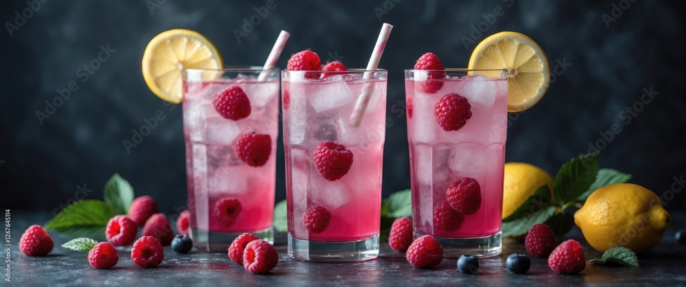 Poster Refreshing Raspberry Lemonade in Glasses Garnished with Berries and Lemon Slices on a Dark Background