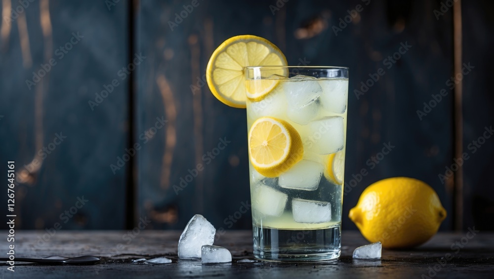 Poster refreshing lemonade cocktail with ice and lemon slices on dark wooden table
