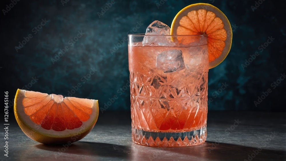 Poster Refreshing Grapefruit Salty Dog Cocktail Served Over Ice with Citrus Garnish and Sliced Grapefruit on Dark Surface