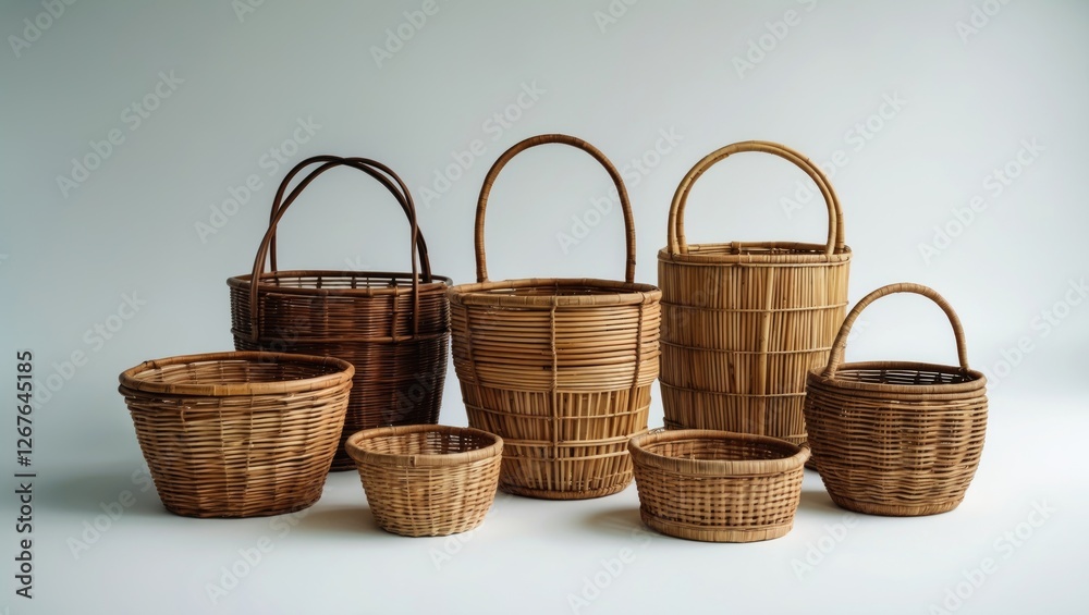 Poster variety of empty wicker and bamboo baskets on light background with blank space for custom text or g