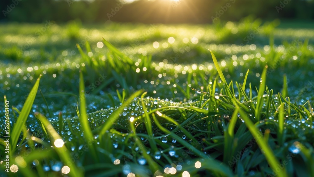 Poster morning dew drops on lush green grass glimmering in sunlight with soft focus and shallow depth of fi