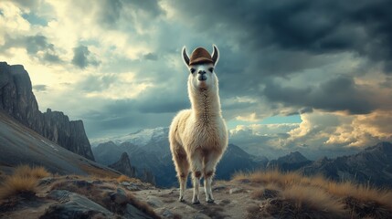 Obraz premium Llama stands proudly in a mountainous landscape under dramatic clouds