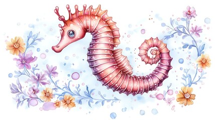 A chibi seahorse floating gracefully, with watercolor splashes of orange and pink, isolated on a vibrant background