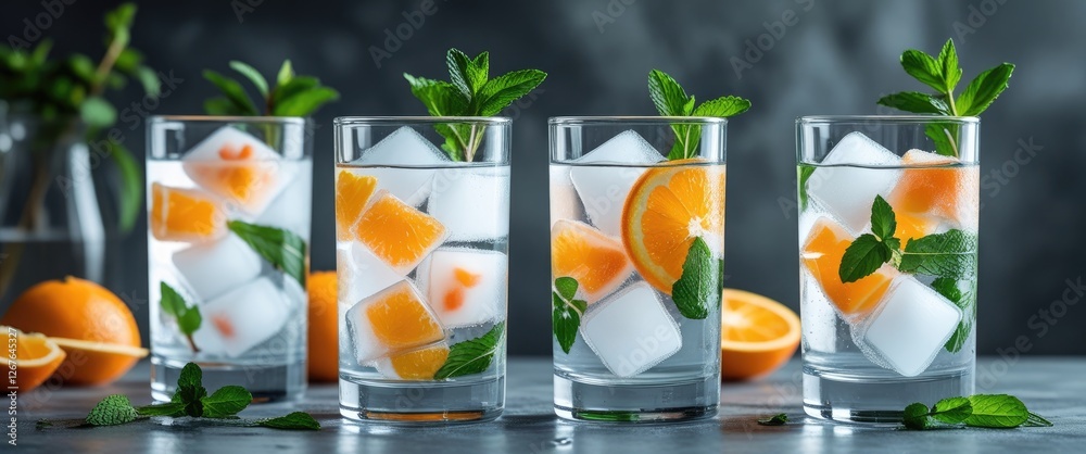 Poster refreshing beverages with fruit ice cubes mint leaves and orange slices in glasses on a dark backgro