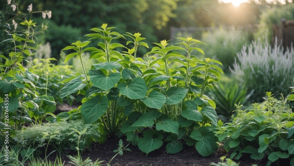 Poster lush green plants in a summer garden with soft evening light and space for text overlay