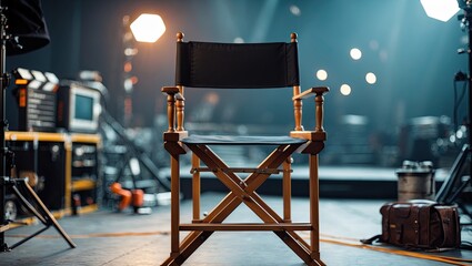A director's chair positioned on a stage with dramatic lighting and equipment visible in the background
