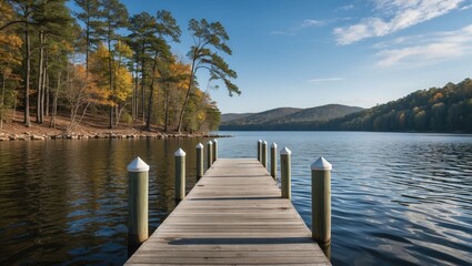 Obraz premium Scenic dock view at Summersville Lake surrounded by autumn foliage in Nicholas County USA tranquil waters and clear blue skies