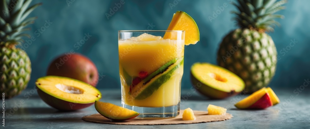 Aufkleber Freshly squeezed tropical fruit drink in a glass with assorted fruits and empty space for text on textured background. Refreshing beverage concept.