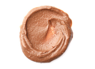 Sample of tasty nut butter isolated on white, top view
