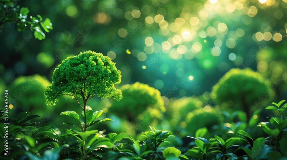 Aufkleber Lush green nature background with vibrant bokeh effect ideal for wallpaper or design use featuring a serene atmosphere and ample copy space.