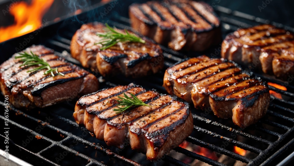 Aufkleber grilled steak with rosemary garnish on barbecue grill with copy space for text or promotion