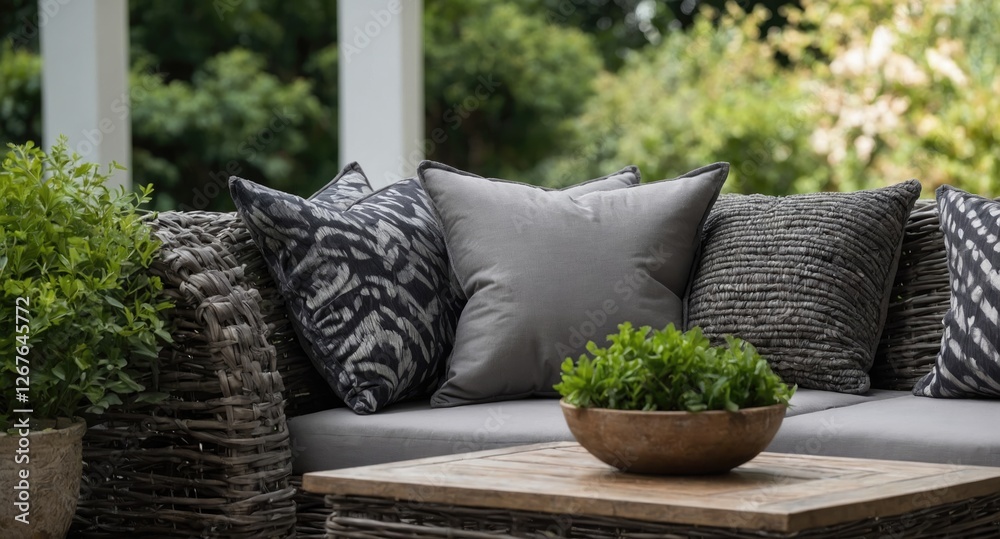 Aufkleber Trendy wicker L-shaped sofa adorned with grey pillows nestled in a lush green garden setting with space for text overlay.