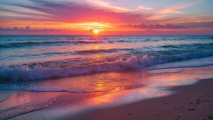 Fototapeta premium Vibrant Sunset Over Tranquil Beach with Gentle Waves Reflecting Colorful Skies