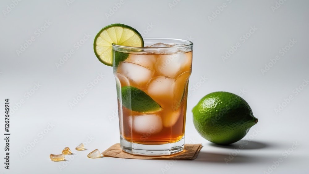 Poster refreshing iced tea with lime slice and ice cubes on white background perfect for summer drinks prom