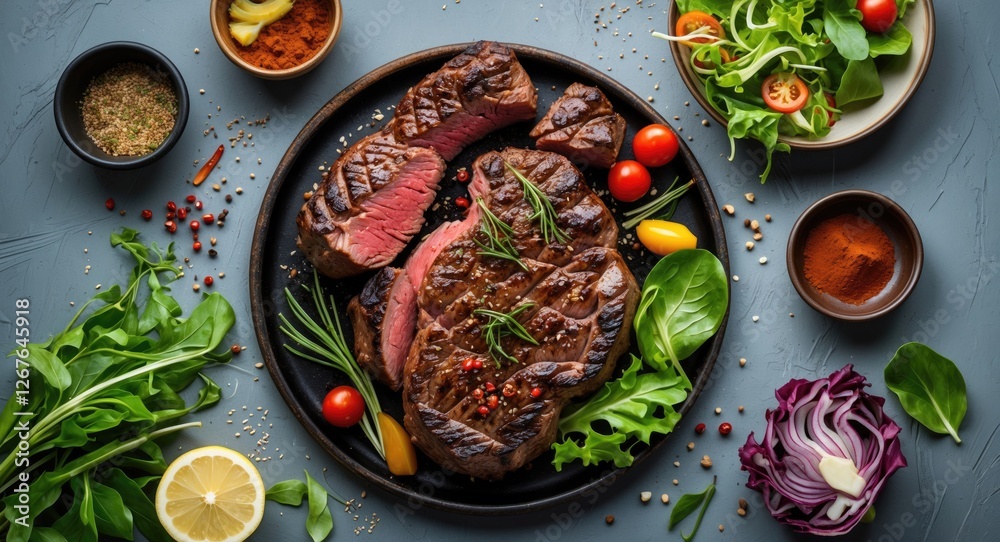 Poster Grilled Medium Rare Steak with Fresh Salad and Spices Overhead View on Wooden Table with Copy Space for Culinary Text