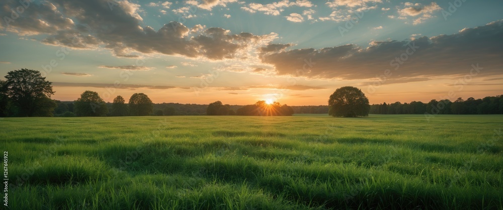 Poster tranquil sunset over lush green meadow with dramatic clouds and soft light creating a serene landsca