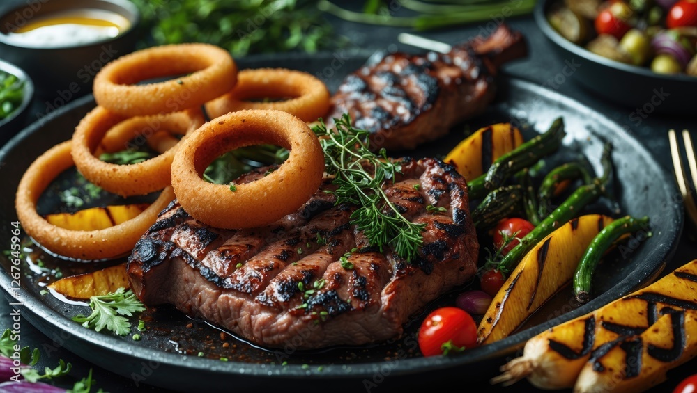Poster grilled meat platter with onion rings and seasonal vegetables on a dark tabletop with space for text