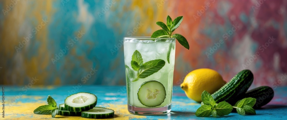 Poster Refreshing lemonade with cucumber and mint garnished with fresh herbs on a vibrant color backdrop showcasing summer vibes and thirst-quenching delight.