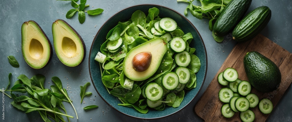 Poster Fresh Green Salad with Cucumber and Avocado in Bowl Surrounded by Ingredients and Empty Space for Creative Text or Branding