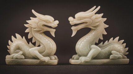 Fototapeta premium Intricate Jade Dragon Statues Facing Each Other Symbolism in Chinese Art