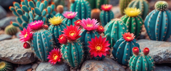 Fototapeta premium Vibrant Cacti with Colorful Flowers on Rocky Background Capturing Nature's Beauty in a Desert Landscape