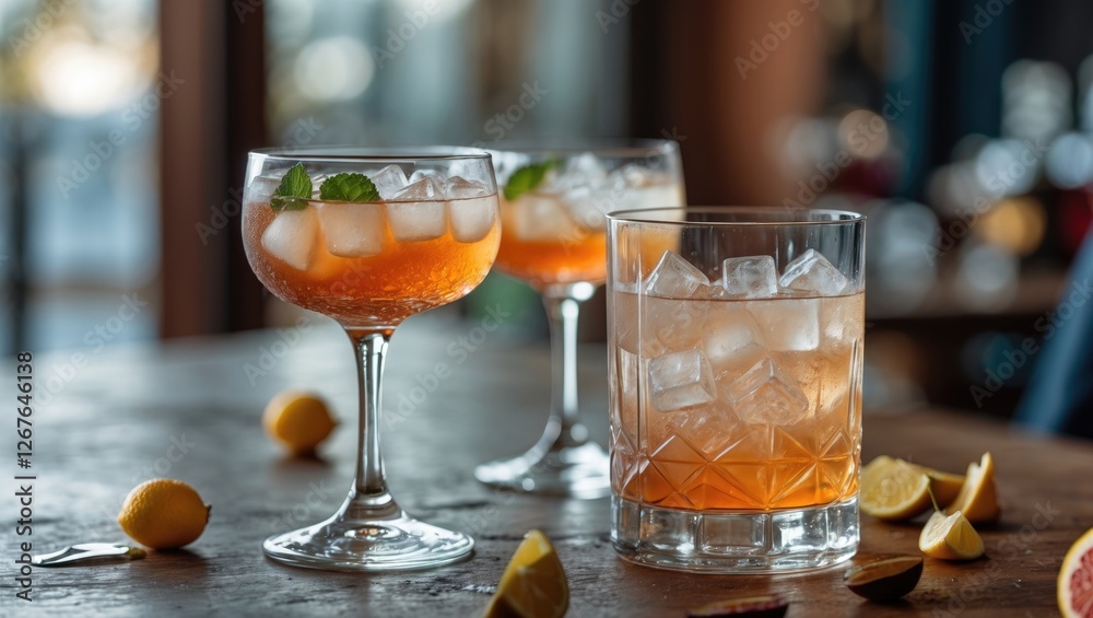 Poster refreshing cocktails with ice and mint garnish on rustic wooden table decorated with lemon slices