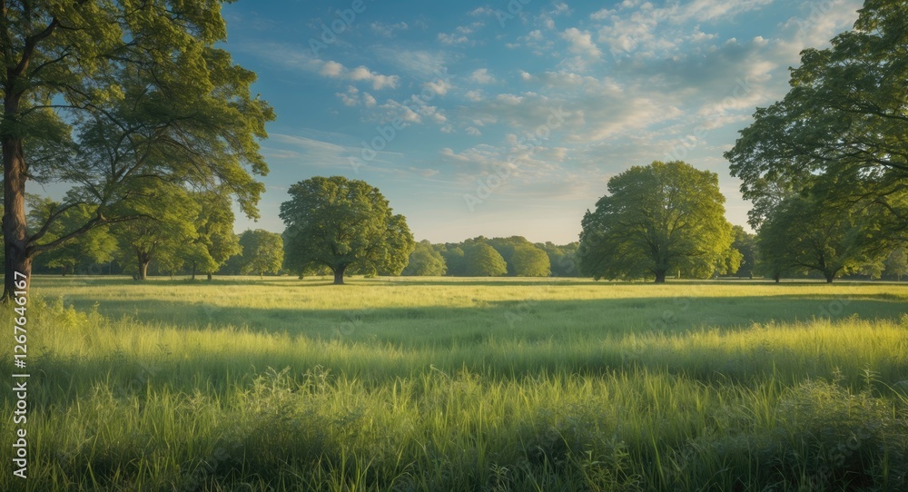 Aufkleber verdant grass field with mature trees under a clear blue sky and ample space for text overlay in a s
