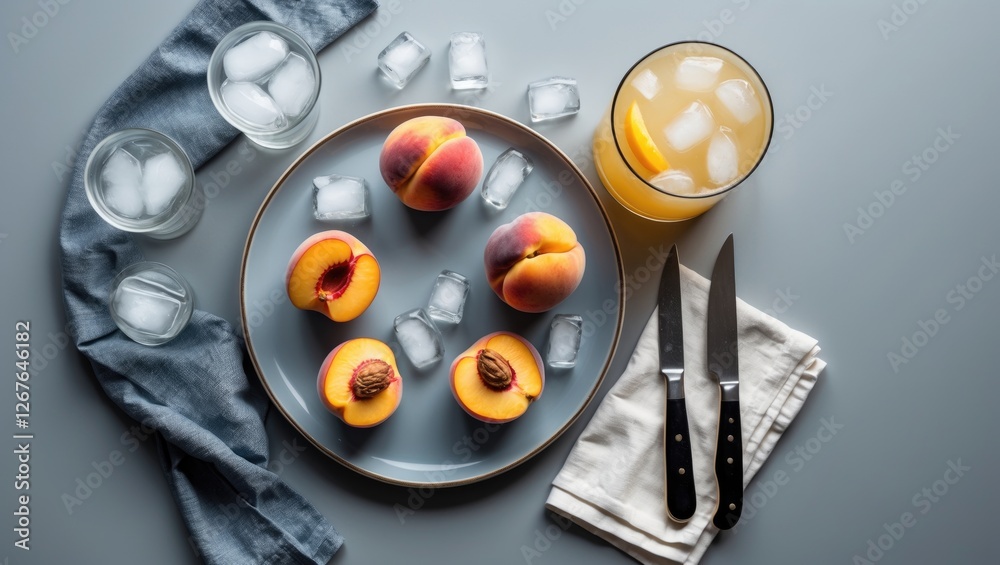 Aufkleber plate of fresh peaches with summer lemonade and ice on gray background ideal for seasonal advertisem