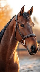 Obraz premium Majestic brown horse stands gracefully as the sun rises over the autumn landscape with soft golden light in the background