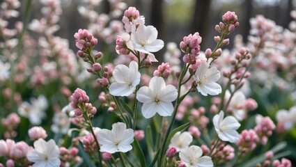 Obraz premium Delicate Blossoms of White and Pink Flowers in a Vibrant Spring Garden Setting Ideal for Floral Backgrounds and Nature Themes