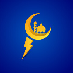 Energy power thunder new golden moon with mosque Ramadan, Eid, Eid Ul Adha concept idea social media theme design vector illustration isolated
