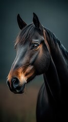 Majestic black horse gazing into the distance on a serene evening in a rural landscape
