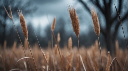 Fototapeta premium Brown dry grass and reed against a blurred grey sky with dark branches, capturing a moody autumn and winter landscape in nature.
