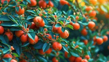 Ornamental Cotoneaster Plant Featuring Vibrant Orange Red Fruits Against Lush Green Foliage in Natural Light Setting