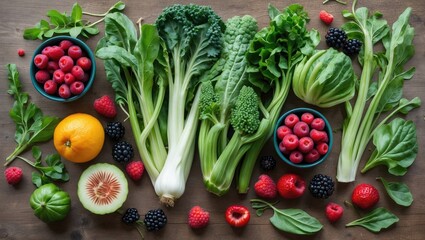 Healthy Fresh Green Vegetables and Colorful Berries Rich in Nutrients on Wooden Table Top View