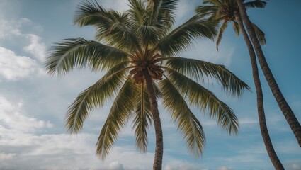 Elegant Coconut Trees Against a Clear Blue Sky Ideal for Tropical or Vacation Themes in Advertising and Travel Promotions