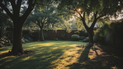 Obraz premium Serene afternoon landscape with sunlit shady trees casting gentle shadows on a lush green yard showcasing tranquil nature.