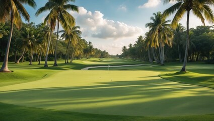 Lush golf course landscape featuring vibrant green grass and tropical coconut palms under a serene sky. Ideal for leisure and relaxation themes.