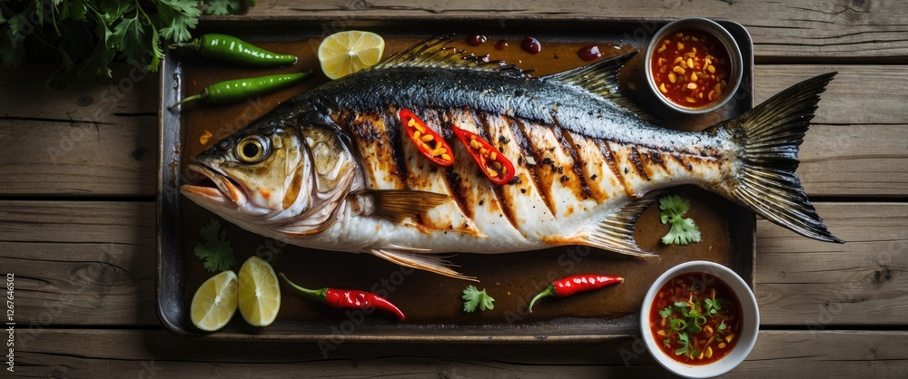 Poster grilled fish garnished with fresh chili peppers and lime on a rustic wooden table with spicy sauce i