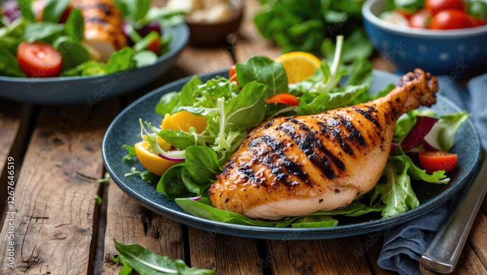Aufkleber grilled chicken leg served with fresh salad on rustic wooden table and blank space for text or promo