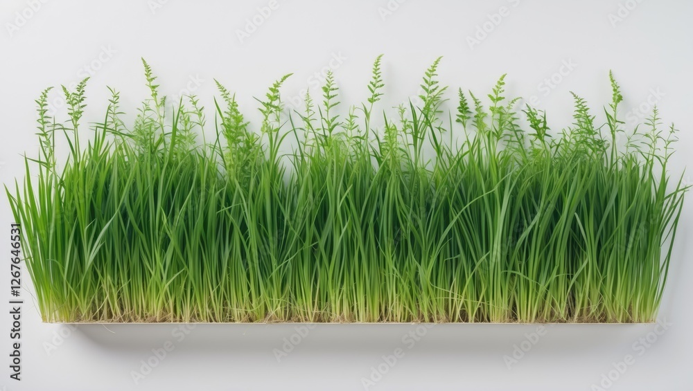 Poster Lush Green Grass Isolated on White Background with Empty Space for Text and Design Elements in Fresh Nature Theme