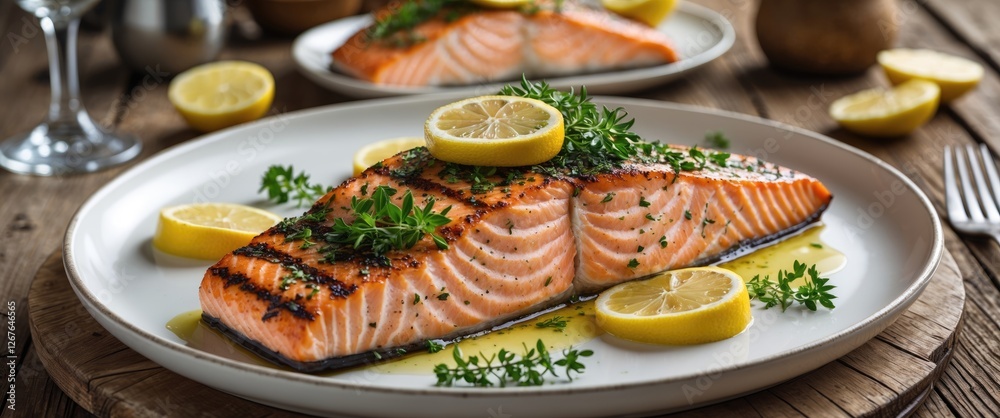 Aufkleber Grilled Salmon Fillet Garnished With Fresh Herbs And Lemon Slices On A Rustic Wooden Table With Empty Space For Text Overlay