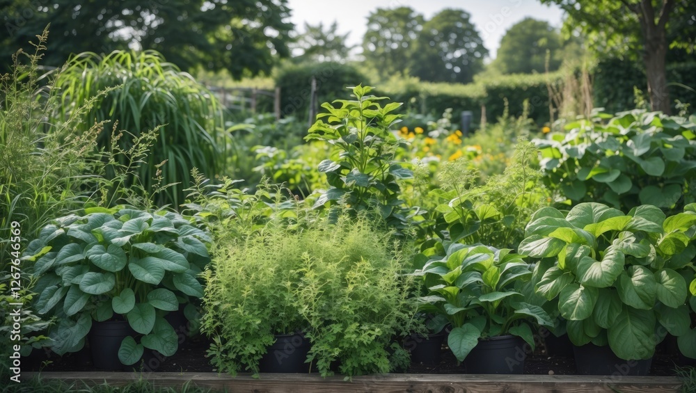 Leinwandbilder vibrant summer garden filled with lush green plants creating a serene backdrop with ample space for 